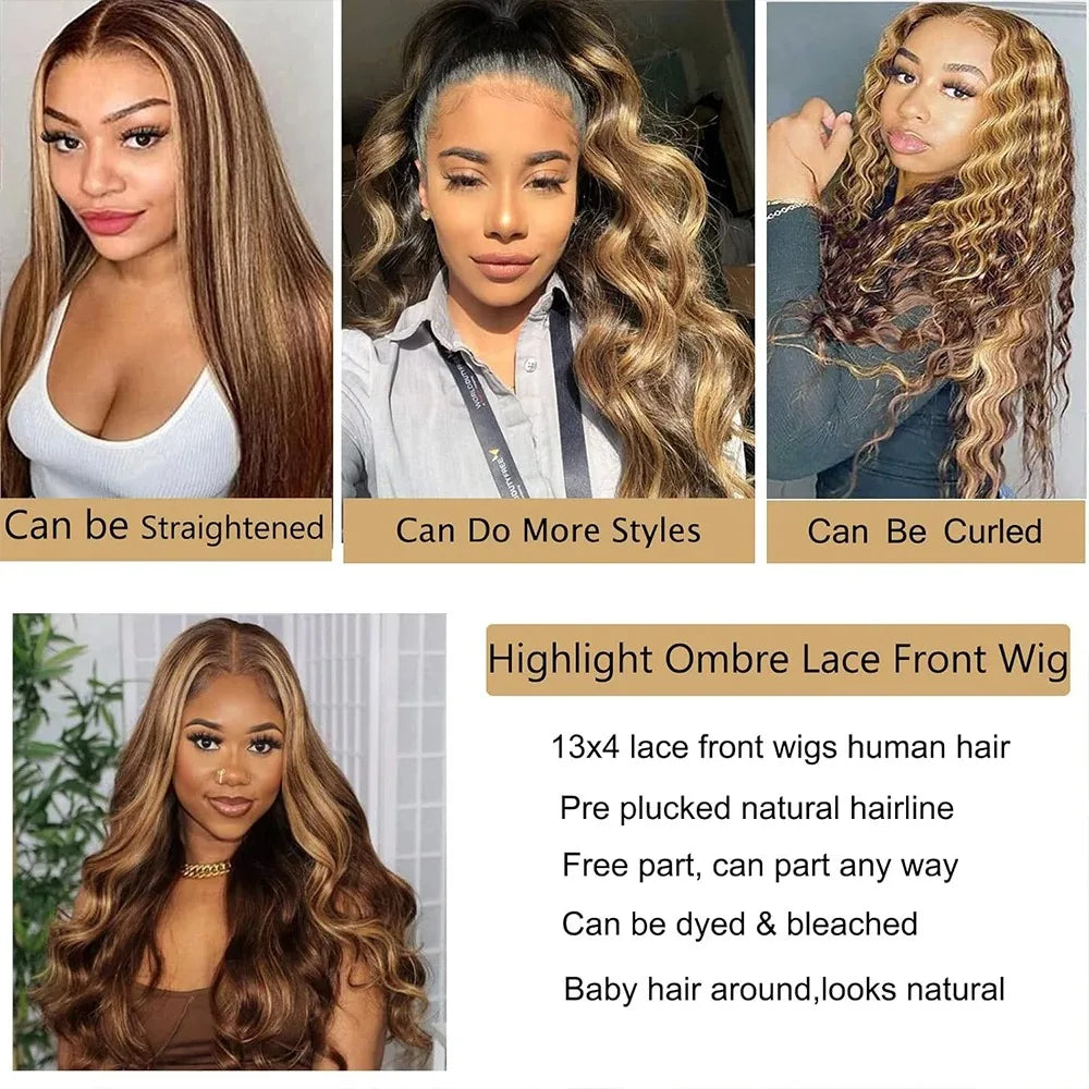 34 Inch Honey Blonde Ombre Body Wave Wig — human hair wig lace front for women